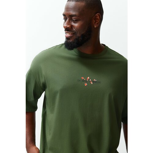Trendyol Large Size Men's Green Oversize/Wide Cut Comfortable Printed 100% Cotton T-Shirt Cene