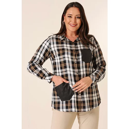 By Saygı Metal Buttoned Leather Detailed Double Pocket Sleeve Folded Plaid Plus Size Shirt