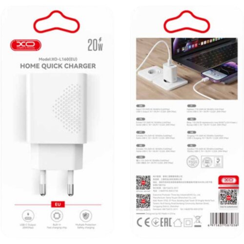 XO Kucni punjac L161 USB-C + USB A 20W PD White &amp;ndash; glava Slike