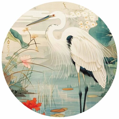  Okrugla fototapeta - By an Asian pond - an illustration in the style of a Japanese engraving depicting a heron 230x230 Slike