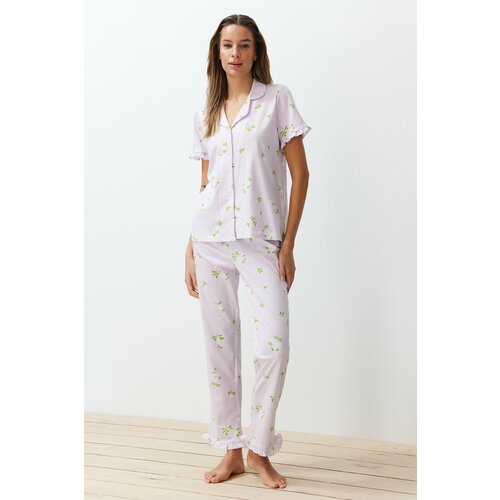 Trendyol Pink-Multicolor 100% Cotton Floral Ruffle Detailed Knitted Pajamas Set Cene