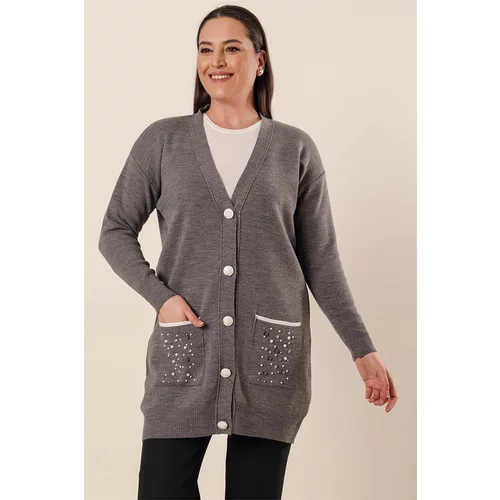 By Saygı Beads And Stones Detail With Pockets And Buttons In The Front Plus Size Acrylic Cardigan Gray