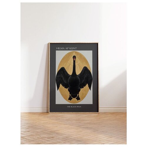 Wallxpert uramljena slika 115216, The Black Swan Hilme af Klint, crni labud u zlatnom ovalu, 50 x 70 cm, ram u boji prirodnog drveta Slike