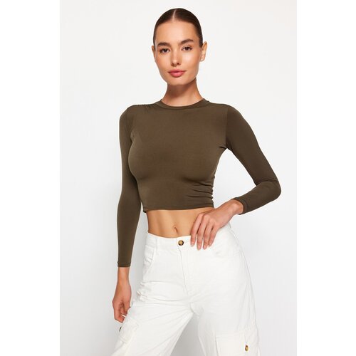 Trendyol Khaki Standing Collar Fitted/Simple Long Sleeves Gathered Flexible Knitted Blouse Slike