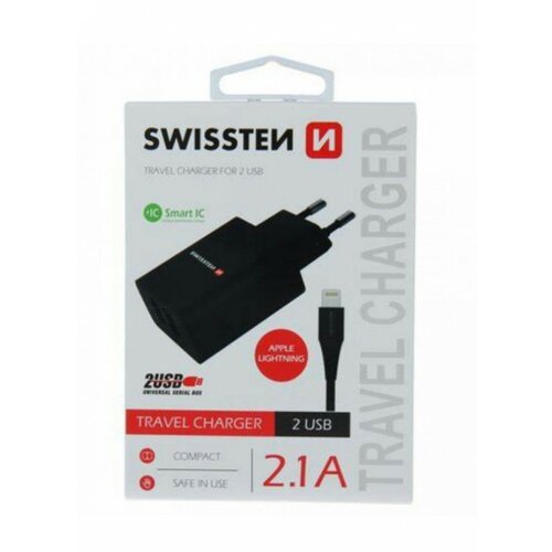 Swissten punjač za mobilni 2XUSB 2.1A+KABL lighting 1,2M crna Slike