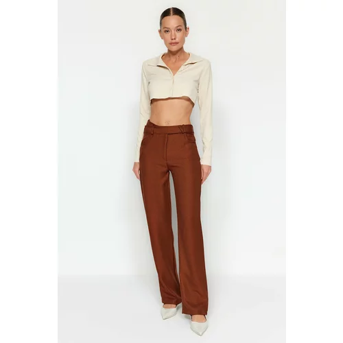 Trendyol Brown High Waist Straight Woven Trousers With Belt Detail