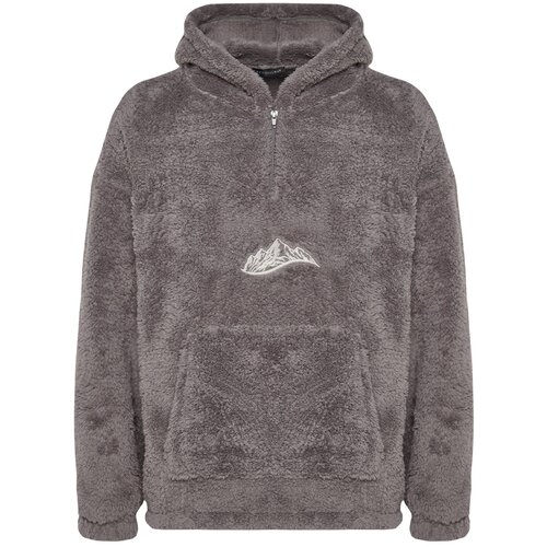 Trendyol Men&amp;#039;s Gray Oversized Hoodie Long Sleeved Sweatshirt with Pockets. Thick Plush Mountains and Embroidery. Slike