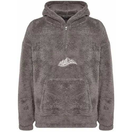 Trendyol Men's Gray Oversized Hoodie Long Sleeved Sweatshirt with Pockets. Thick Plush Mountains and Embroidery.