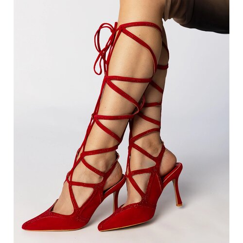 Gemre Red stiletto sandals with rhinestones Merlin Cene