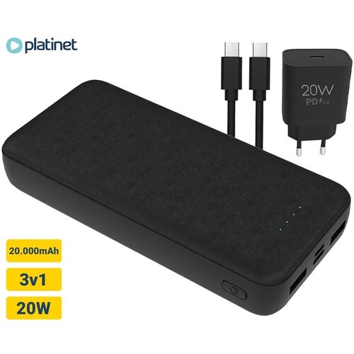 Platinet 3v1 komplet powerbank polnilna baterija PMPB20SET + adapter 20W + kabel 100cm, črn Slike