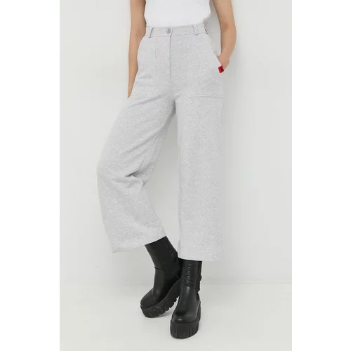 Love Moschino Pamučne hlače za žene, boja: siva, ravni kroj, visoki struk
