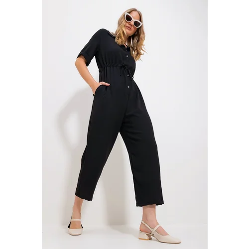 Trend Alaçatı Stili Women's Black Shirt Collar Hidden Double Pocket Tie Waist Woven Jumpsuit