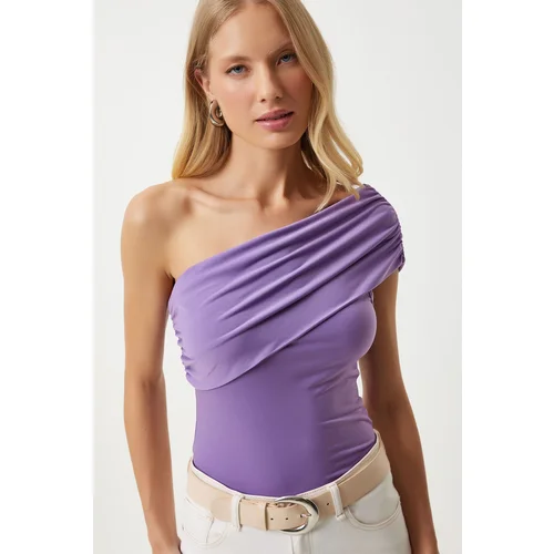  Women's Lilac One Shoulder Gathered Knitted Blouse