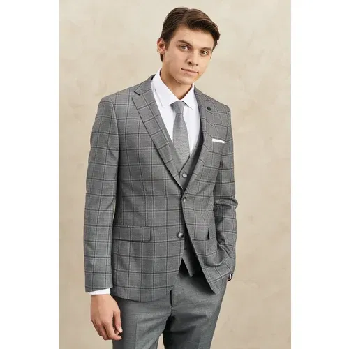 Altinyildiz classics Men's Gray Slim Fit Slim Fit Mono Collar Checkered Vest Classic Suit