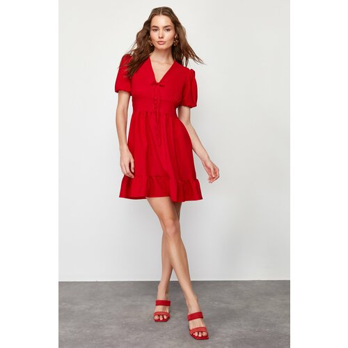 Trendyol Red V-neck Bow Detail Woven Mini Dress with Opened Waist Slike
