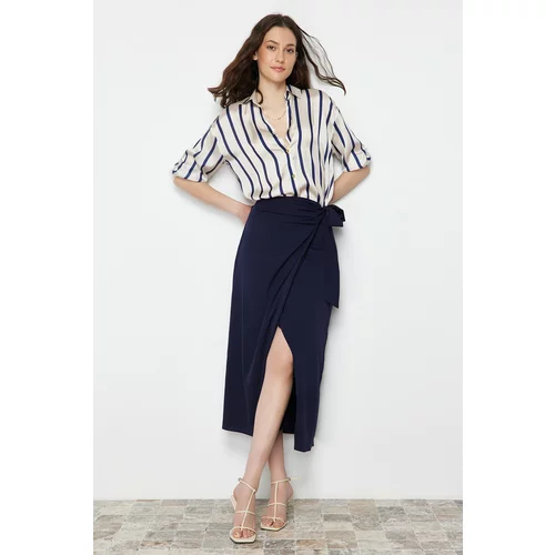 Trendyol Navy Blue Double Breasted Tie Detailed Length Woven Skirt