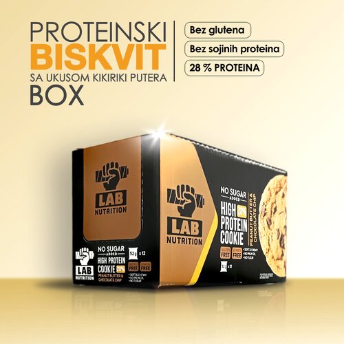 Lab Nutrition PROTEINSKI BISKVIT BOX SA ČOKOLADNIM KOMADIĆIMA I UKUSOM KIKIRIKI PUTERA - BOX - 12kom X 52g Slike