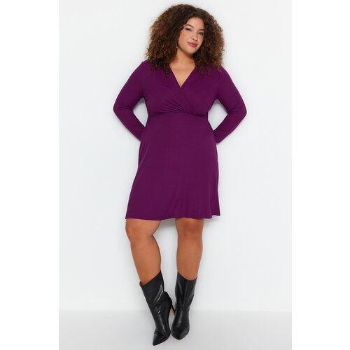 Trendyol Curve Plum Plain Double Breasted Mini Knitted Plus Size Dress Slike
