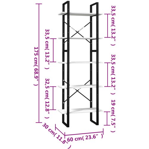  za knjige 5 razina bijeli 60x30x175 cm masivna borovina Slike