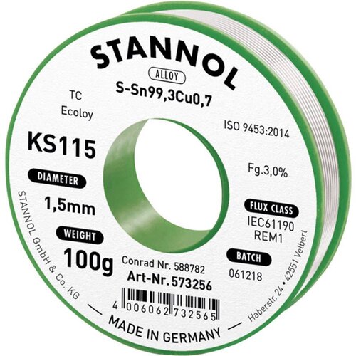 Stannol KS115 spajkalna žica\, neosvinčena tuljava Sn99\,3Cu0\,7 100 g 1.5 mm Neosvinčena žica za spajkanje KS115 SN99Cu1 100 g 1.5 mm, (20428527) Slike