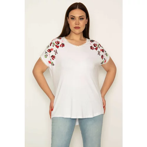 Şans Women's Plus Size Bone Neck And Sleeves Kopenaki Laced Shoulders Embroidered Blouse