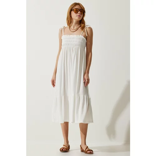 Happiness İstanbul Women's White Strappy Crinkle Summer Knitted Dress