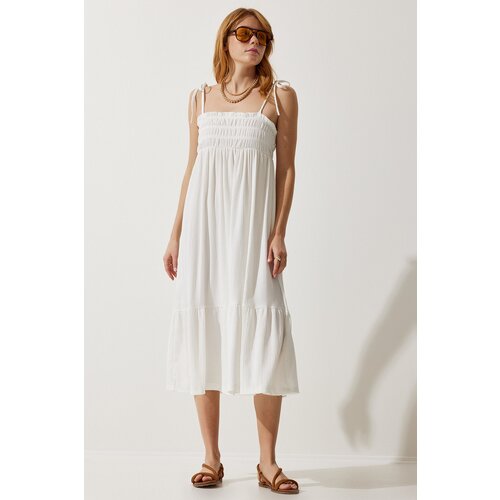  Women&amp;#039;s White Strappy Crinkle Summer Knitted Dress Slike