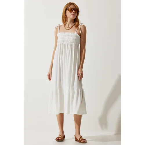  Women's White Strappy Crinkle Summer Knitted Dress