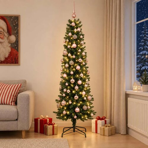  Umjetno usko božićno drvce s kuglicom 210 cm 300 LED lampica - 210 cm s LED-ima i ružičastim lopticama Zelena Cene