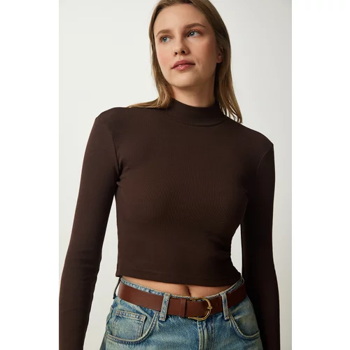 Happiness İstanbul Women's Dark Brown Ribbed Turtleneck Crop Knitted Blouse