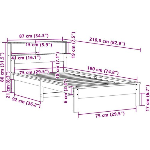 VidaXL Krevet s regalom za knjige bez madraca bijeli 75x190cm borovina Slike
