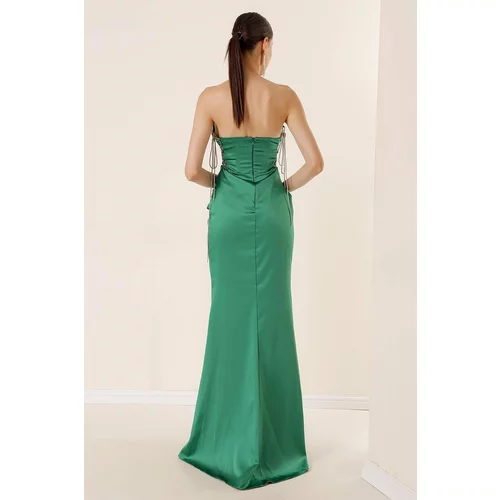 By Saygı Lined Long Chiffon Dress with Shiny Threads Transparent Draped Green