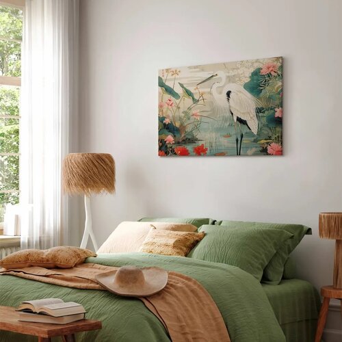  Slika - By an Asian pond - an illustration in the style of a Japanese engraving depicting a heron 60x40 Standard Slike