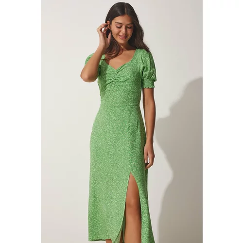 Happiness İstanbul Women's Green Pleated Sweetheart Neck Viscose Summer Dress
