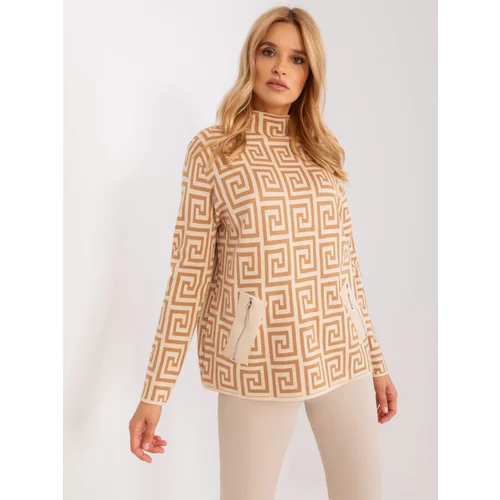Fashion Hunters Camel and beige patterned turtleneck sweater