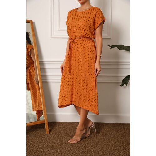 armonika Women's Orange Pompom Elastic Tie Waist Dress Slike