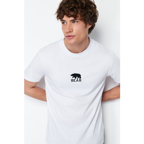 Trendyol White Men's Regular Cut Bear/Animal Embroidered 100% Cotton Short Sleeve T-Shirt Slike