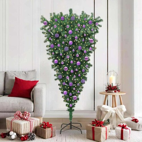vidaXL Preokrenuto umjetno božićno drvce s lopticama Zelena 180 cm PVC Cene