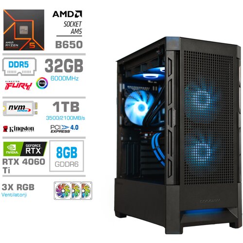 MEGA Računalnik MT S8 R5-7600X/RTX4060Ti/32GB-DDR5/1TB-4.0/750W/Brez OS/črna RGB + Estetski napajalni kabli [Svetlo modra / Črna], (22097688) Cene