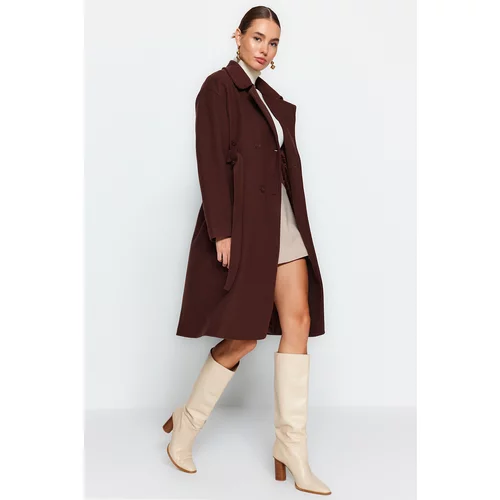 Trendyol Brown Oversize Wide-Cut Belted Long Stamped Coat