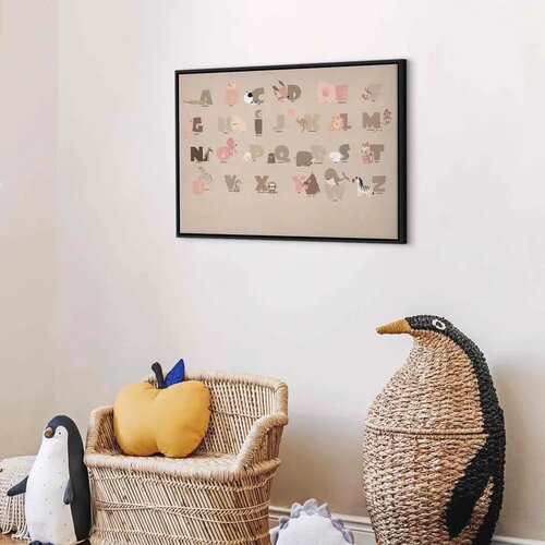  Slika - Alphabet at the Zoo - Joyful Animals and Their Names on a Beige Background 90x60 U crnom drvenom okviru Slike