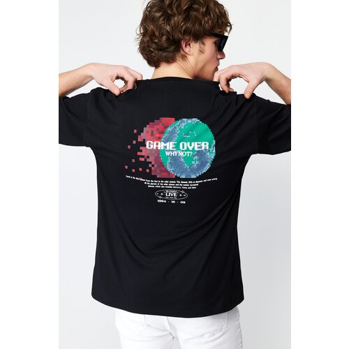 Trendyol Men's Black Oversize/Wide-Fit Space Back Printed 100% Cotton T-shirt Slike