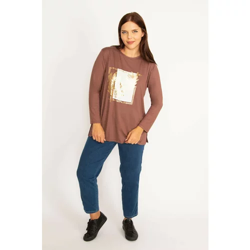Şans Women's Plus Size Milk Brown Front Printed Long Sleeve Blouse with Side Slit