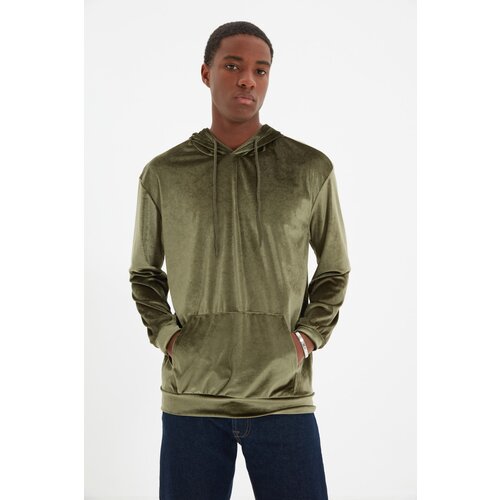 Trendyol Khaki Men Regular Fit Hooded Kangaroo Pocket Velvet Sweatshirt Slike