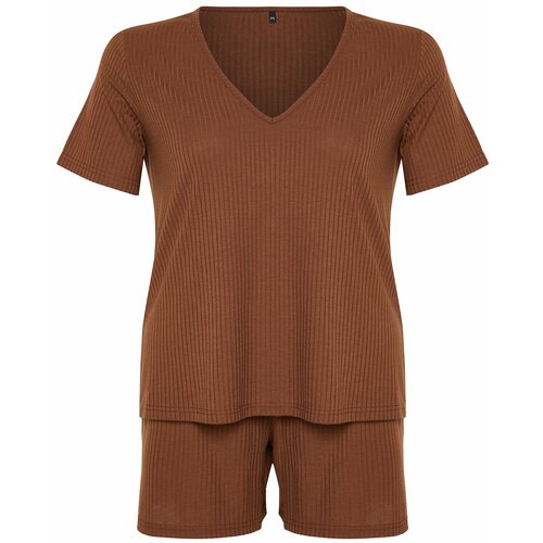 Trendyol Curve Brown V Neck Camisole Knitted Pajamas Set Cene