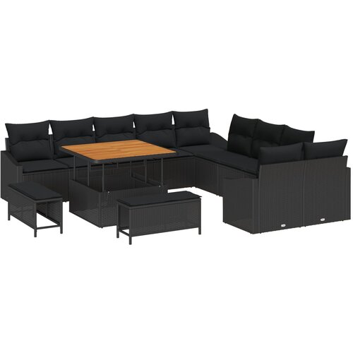 vidaXL 13-dijelni set vrtne sofe s jastučićima Crni Poli ratan Acacia, 2-sjedna vrtna sofa s jastučićima Crni Poli ratan, 3-dijelni set vrtne blagovaonice s jastučićima Crni Poli ratan Acacia Cijene