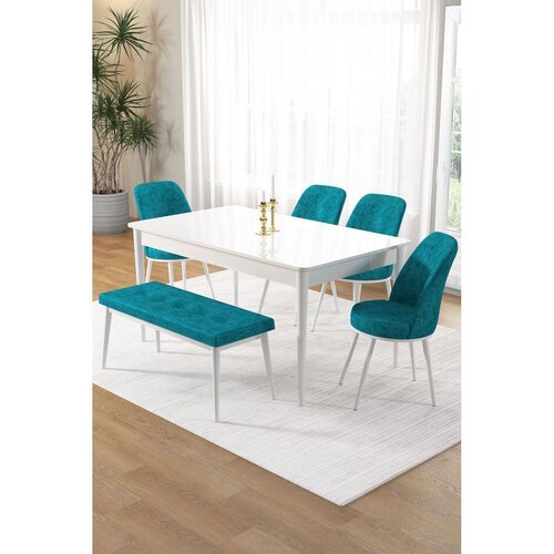 Hanah home trpezarijski set Pir, sto, 4 stolice i klupa, bela ploča, tirkizna tkanina Babyface Cene