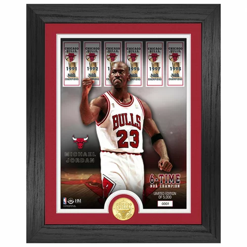 The Highland Mint Michael Jordan 23 Chicago Bulls 6 Time NBA Champ Banners Bronze Coin Photo Mint brončana kovanica i fotografija u okviru