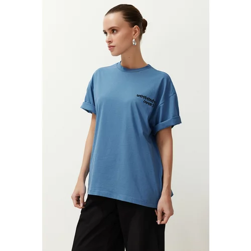 Trendyol Indigo 100% Cotton Motto Printed Oversize/Wide Fit Short Sleeve Knitted T-Shirt