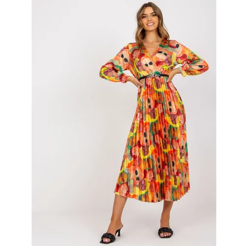 Fashion Hunters Orange pleated dress with colorful patterns